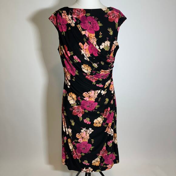 American Living Black Pink Floral Jersey Knit Cap Sleeve Dress Womens Size 14 - Picture 1 of 12